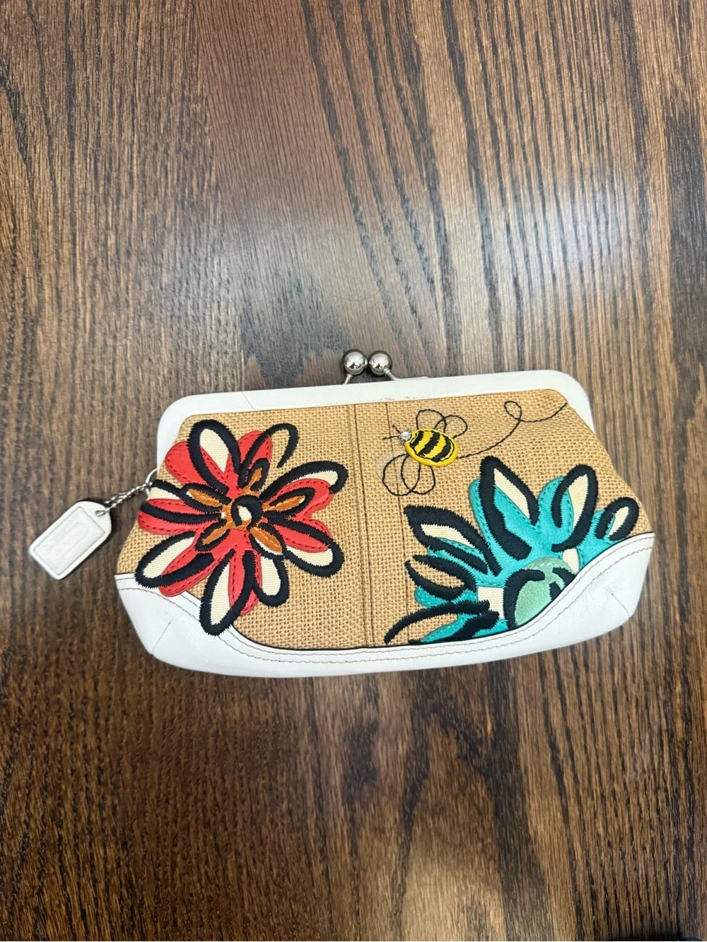 Coach Floral Bee Embroidered Clutch - Beige with Red & Teal Accents